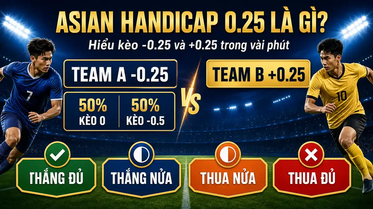 Infographic giải thích Asian Handicap 0.25 với cách chia tiền cược giữa kèo 0 và 0.5 cùng ví dụ thắng nửa và thua nửa.