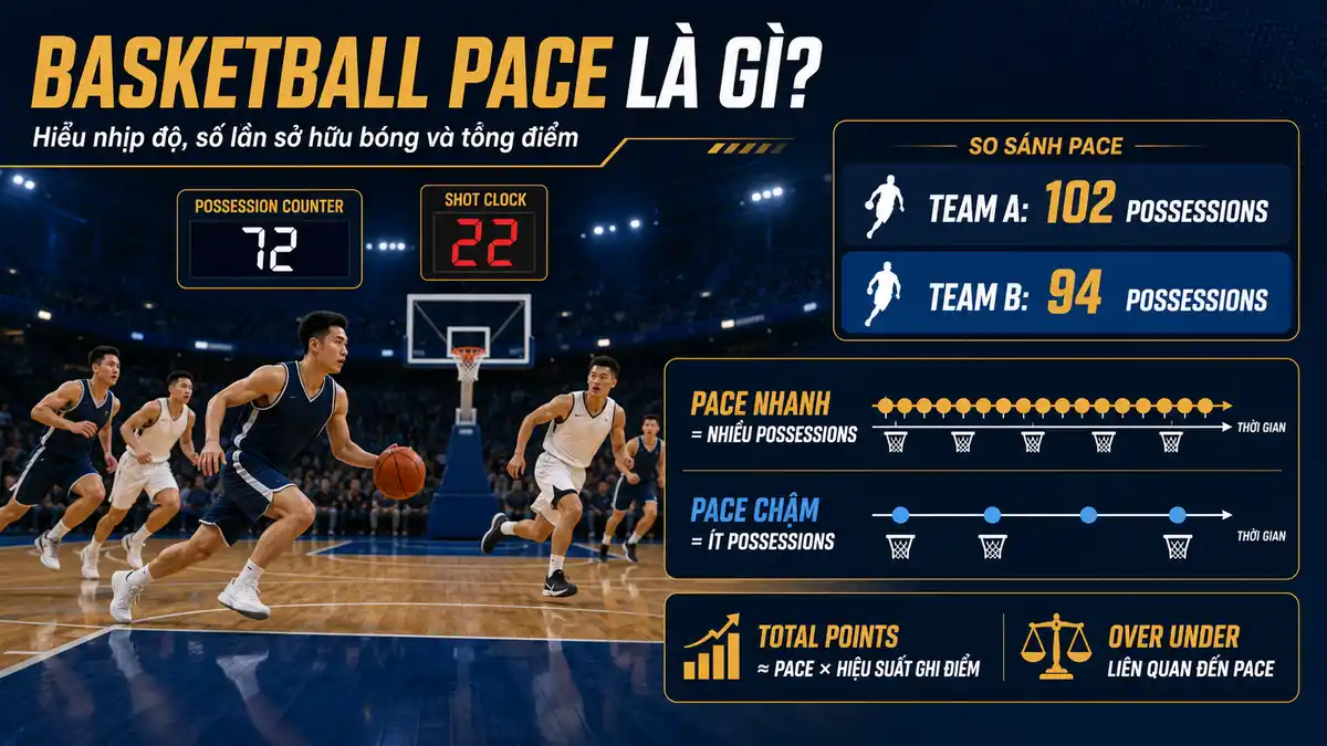 Infographic giải thích basketball pace bằng số lần sở hữu bóng, nhịp độ trận đấu và ảnh hưởng đến tổng điểm trong phân tích Sports Betting.