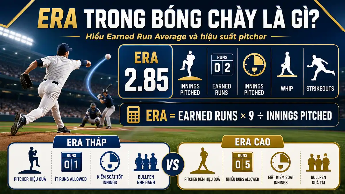 Infographic giải thích ERA trong bóng chày bằng số earned runs, innings pitched và công thức Earned Run Average để phân tích pitcher.