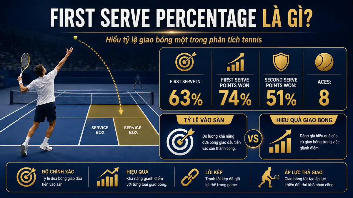 Infographic giải thích first serve percentage trong tennis với tỷ lệ giao bóng một, điểm thắng khi giao bóng và hiệu quả giao bóng.