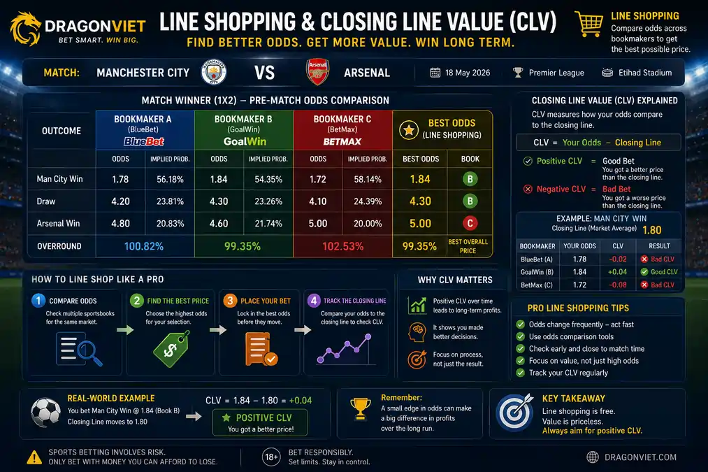 Biểu đồ so sánh minh họa việc so sánh tỷ lệ cược (line shopping) và Closing Line Value giữa các nhà cái khác nhau.