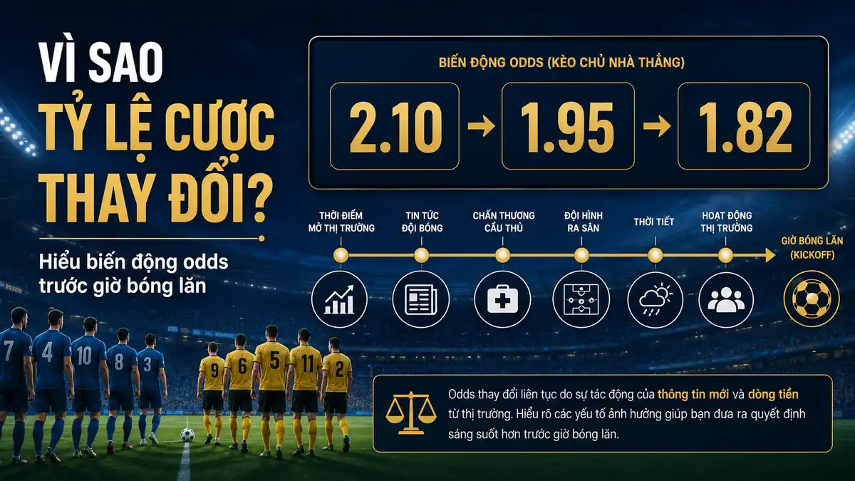 Infographic giải thích vì sao tỷ lệ cược bóng đá thay đổi trước trận do đội hình, chấn thương, thông tin mới và biến động thị trường.
